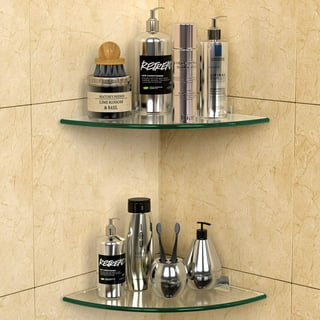WAKLOND Bathroom Shelves, 2-Tier Glass Corner Shelf Wall Mounted,Corner Shower Shelf Tempered Glass Shelf for Storing Seasoning Bottle/Brush/Shower