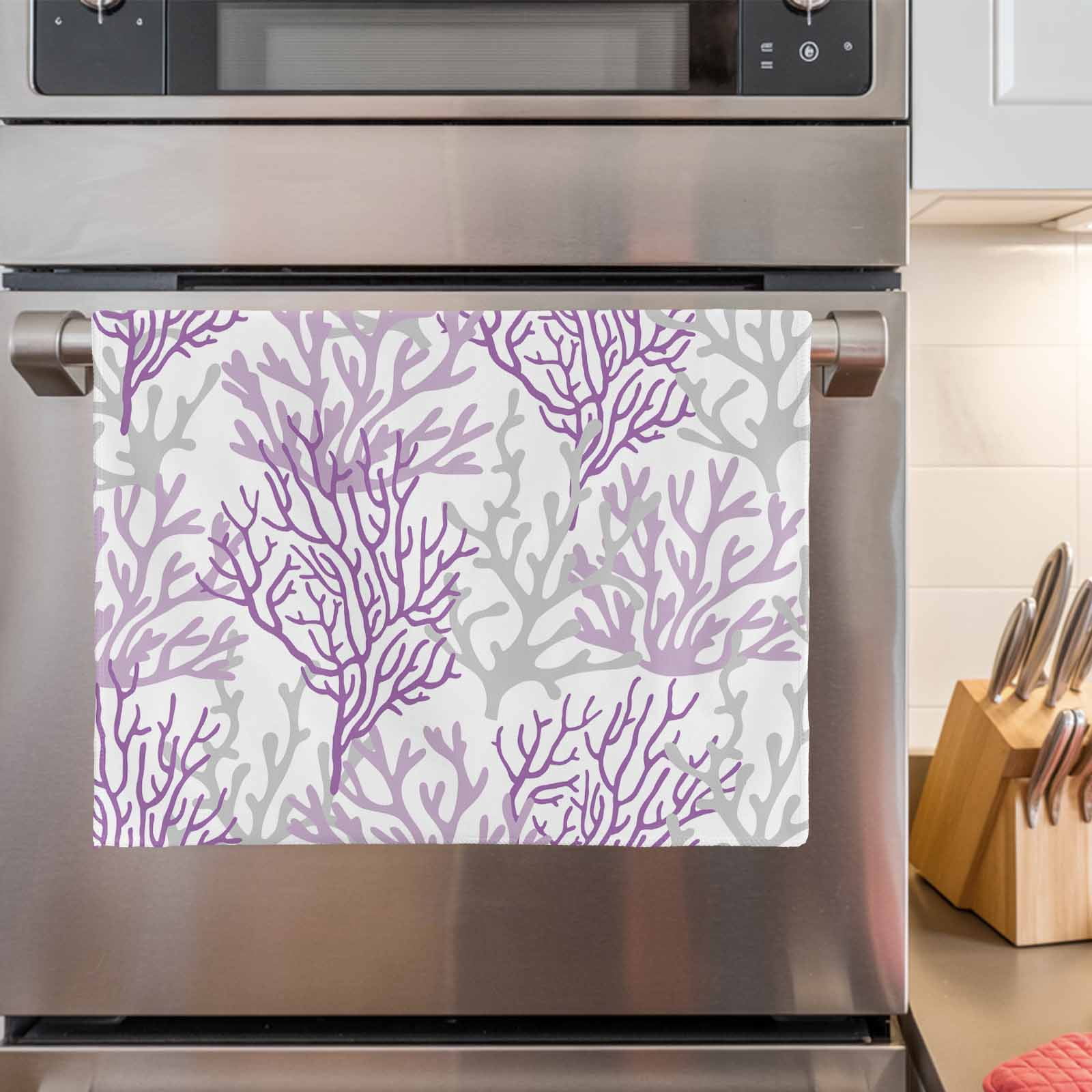 Purple Gray Coral Coastal Kitchen Towels Set of 4, Water Absorbent Dish Towel, Summer Beach Seaside Nautical Decorative Hand Towels - Quick Drying Cloth for Cooking Baking, 18x28 Inch