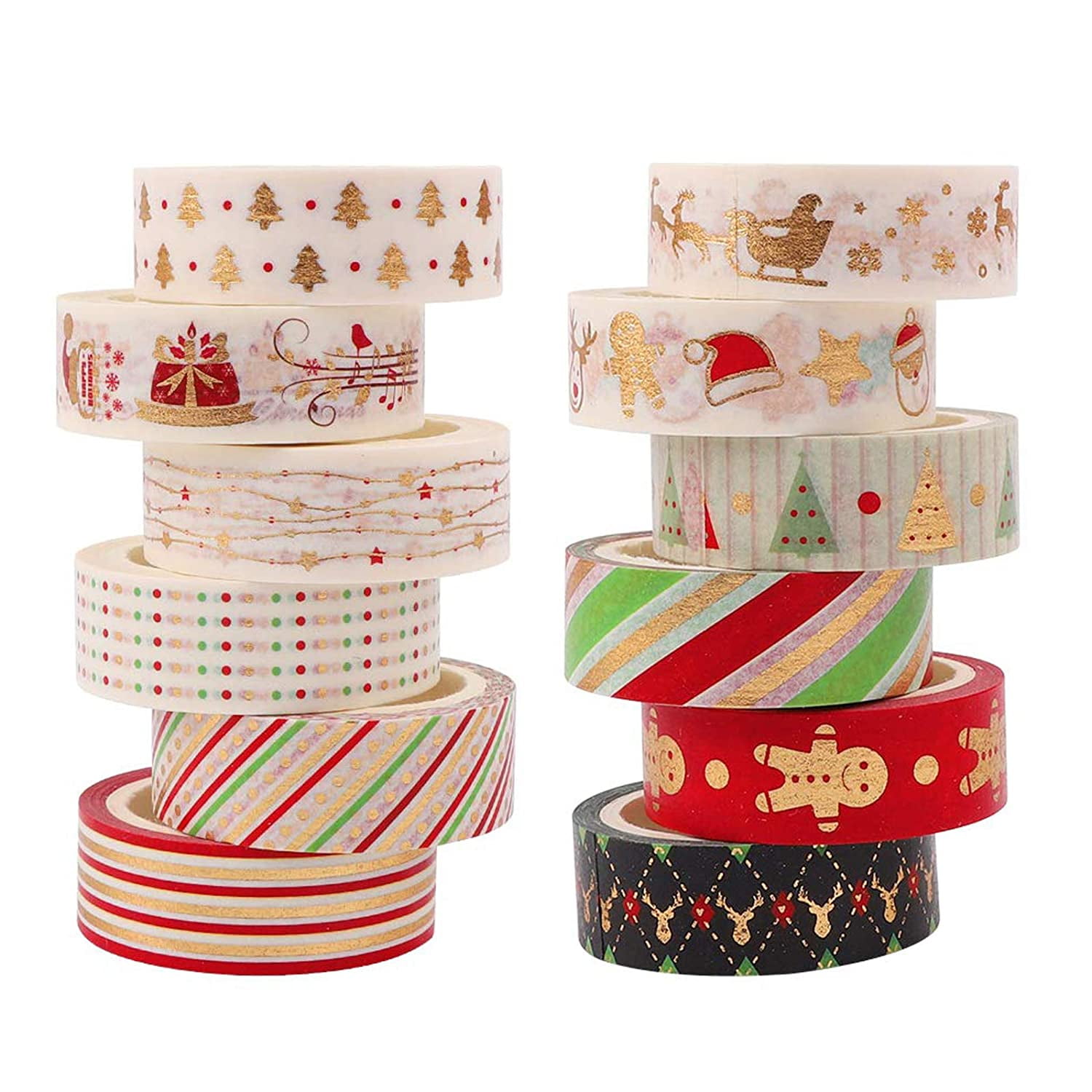 AEBORN Christmas Washi Tape Set - 16 Rolls Gold Foil Holiday Washi Tape  with Christmas Tree, Deer, Striped and Gnome Pattern, Perfect for Bullet