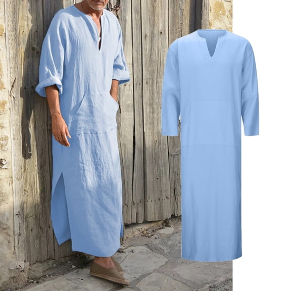 Mens Kaftan Thobe Casual Long Sleeve Long Gown Thobe Button Down Collar Muslim Men Clothing Thobe