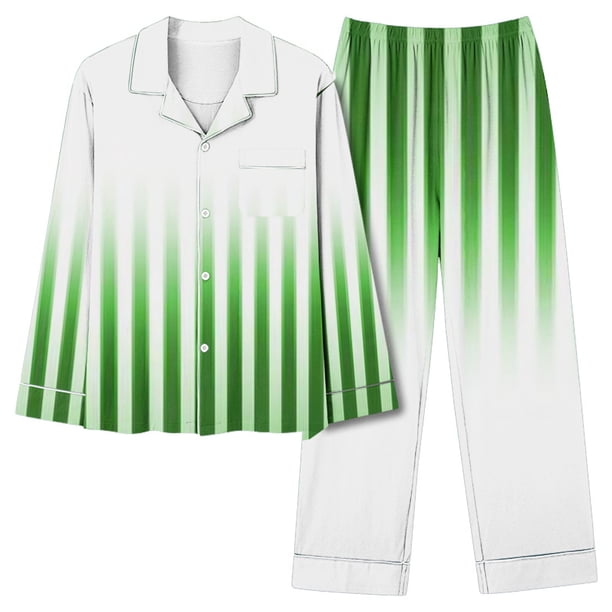 Puntoco Conjunto De Pijamas De Pantalones Y tops Casuales De Manga Larga Con Estampado De Rayas De Moda Informal Para Mujer (1 top + 1 Pantalón) Conjunto De Solapa De Manga Larga Verde S