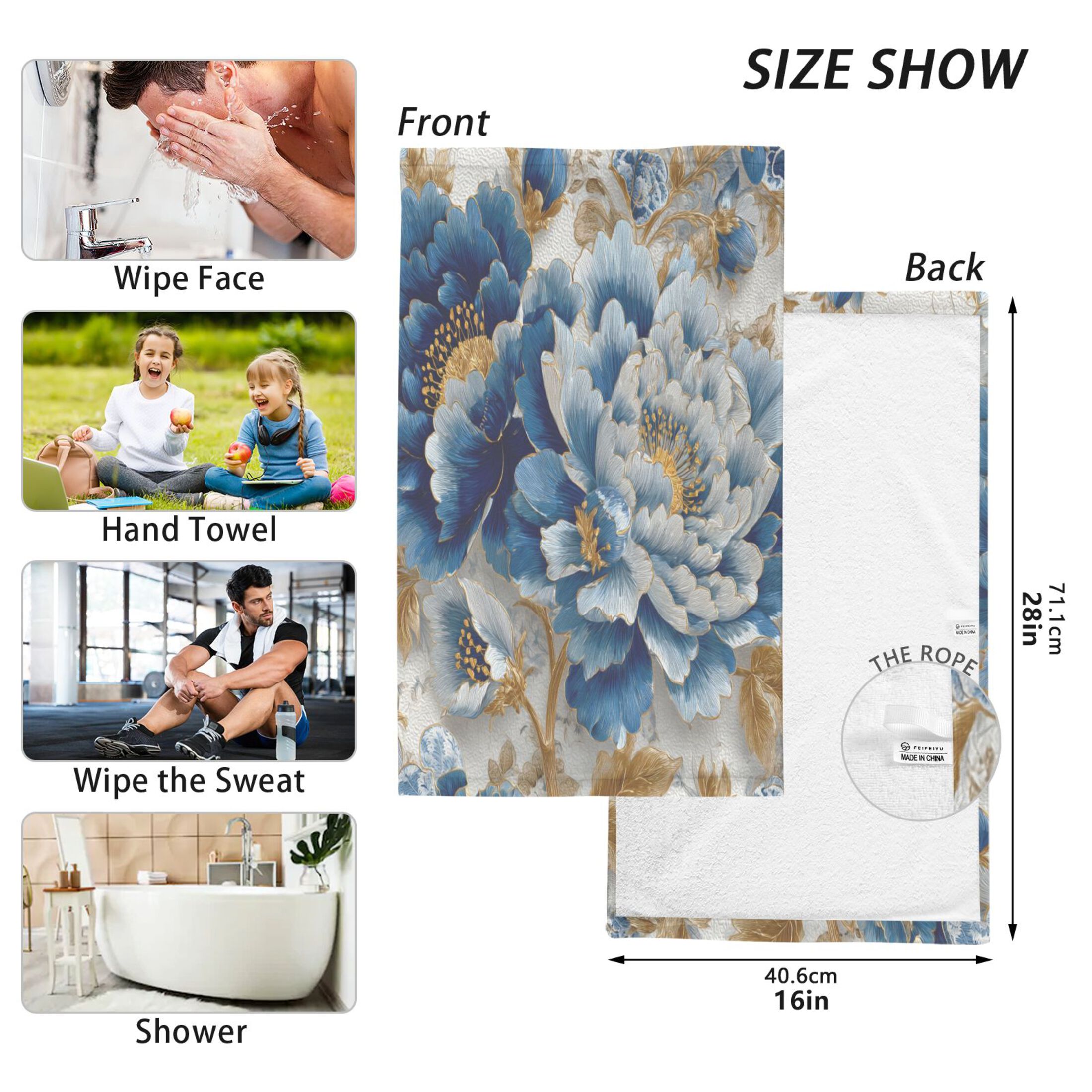 2 Pieces of Cotton Towel Face Towel Set Hand Towel Bath Towel Cotton Bath Towel Sets Blue White Flowers