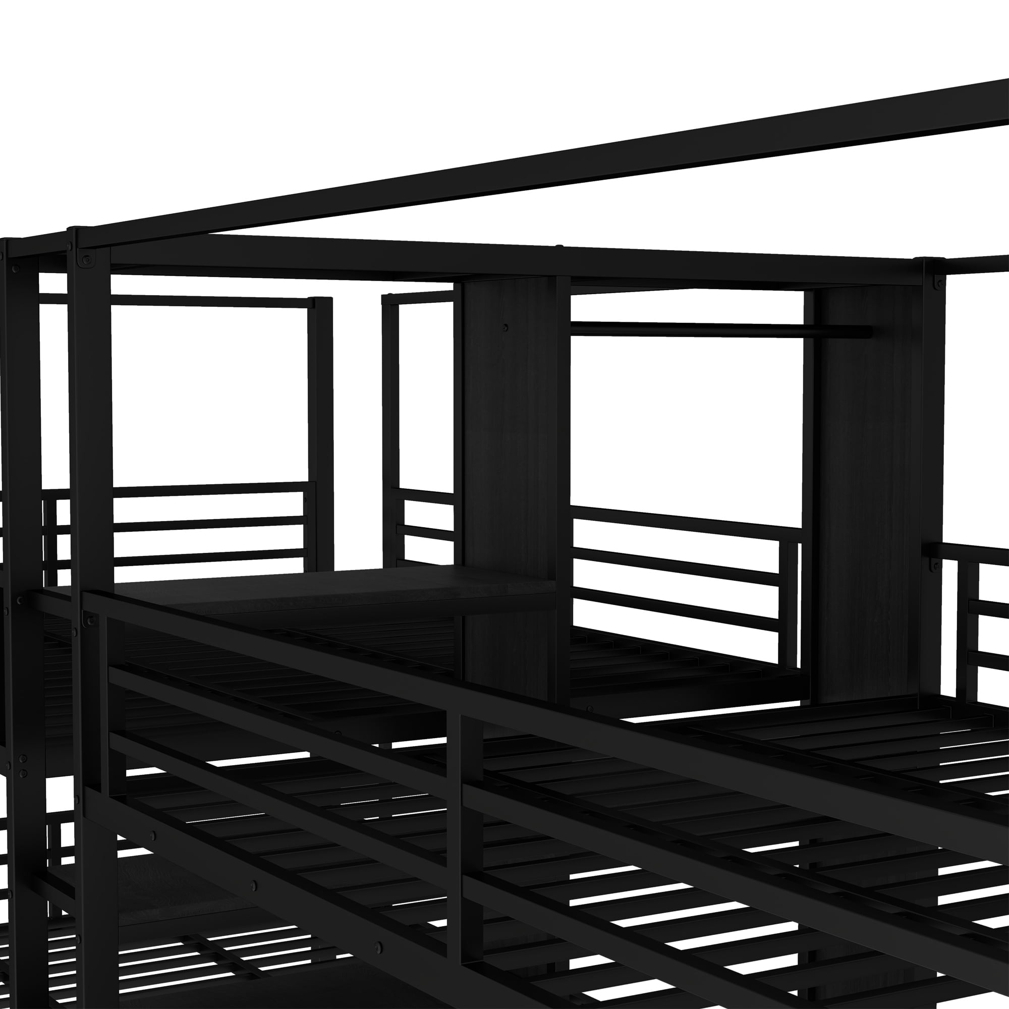 Queen Size Quadruple Metal Bunk Bed,Quadruple Bunk Bed with Built-in Storage Shelves & Wardrobe,Noise-reduced Design,Black