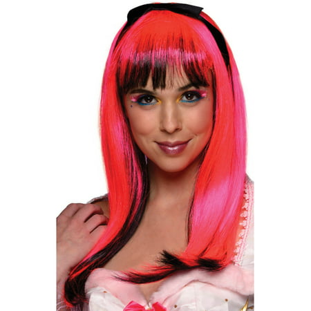 Adult Womens 80s Pink Black Streak New Wave Costume Neon Doll Wig