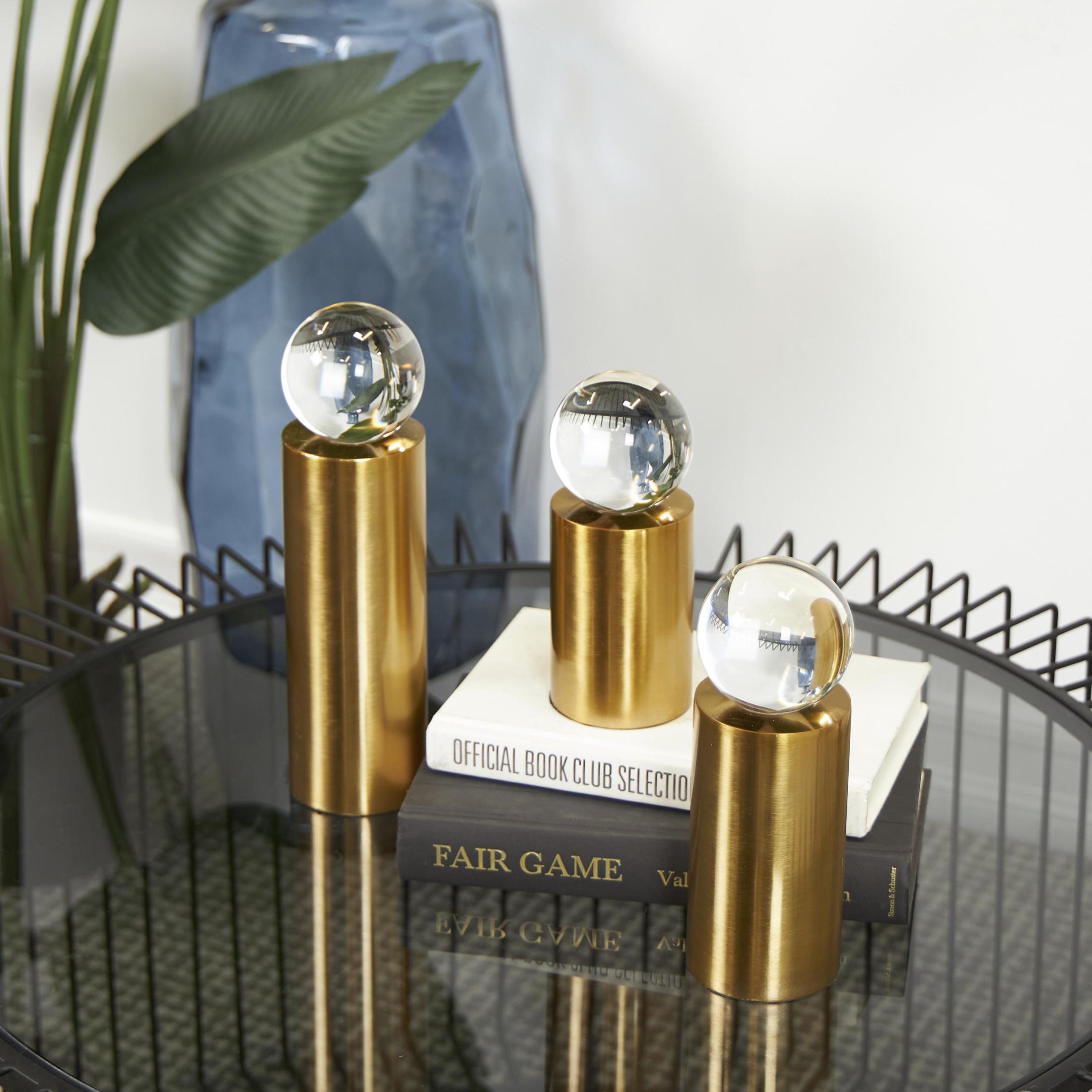 10", 8", 7"H Gold Metal Cylinder Post Geometric Sculpture with Clear Glass Orbs, by DecMode (3 Count)