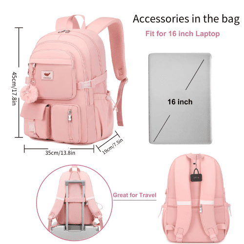 AO ALI VICTORY 3 Piece Backpack Set Laptop Backpack 15.6 inch Junior High Backpack College Backpack Anti-theft Travel Backpack Large Teenage Ladies（Pink)