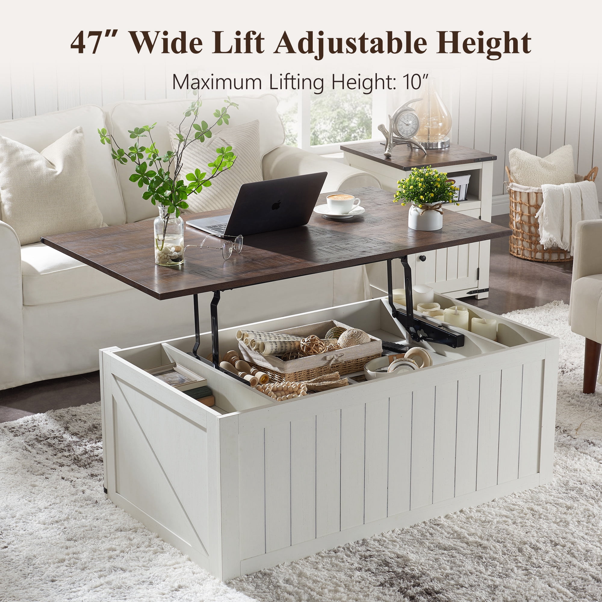 SinCiDo Farmhouse Coffee Table with Storage for Living Room, Lift Top Coffee Table w/Sliding Groove Barn Door