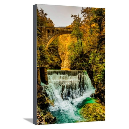 View of a waterfall from the slot canyon hike in Triglav National Park, Slovenia, Europe Stretched Canvas Print Wall Art By Laura