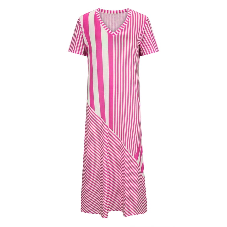 YestheTOYS Hot Pink Womens V Neck Spandex Dresses for Women Short Sleeve Print Striped Slit Midi Fall Summer Dresses 2026 Clothes Trendy Y2K L