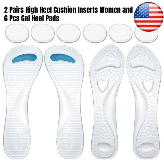 2 Pairs High Heel Cushion Inserts Women and 6 Pcs Gel Heel Pads, 3/4 Insoles Transparent Shoe Fillers Clear Gel Shoe Inserts, Self Adhesive Soft Silicone for Women