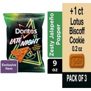 Doritos Late Night Jalapeno Popper Flavored Tortilla Chips 9 oz - Pack of 3 & Lotus Biscoff Cookie - 0.2 Oz - 1 ct