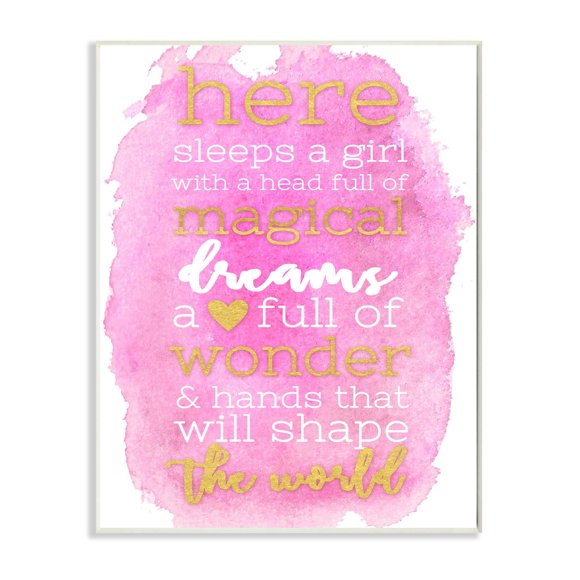 Stupell Home D cor Here Sleeps a Girl Pink and Gold Typography Wall Plaque Art 10 x 0.5 x 15 Proudly Made in USA