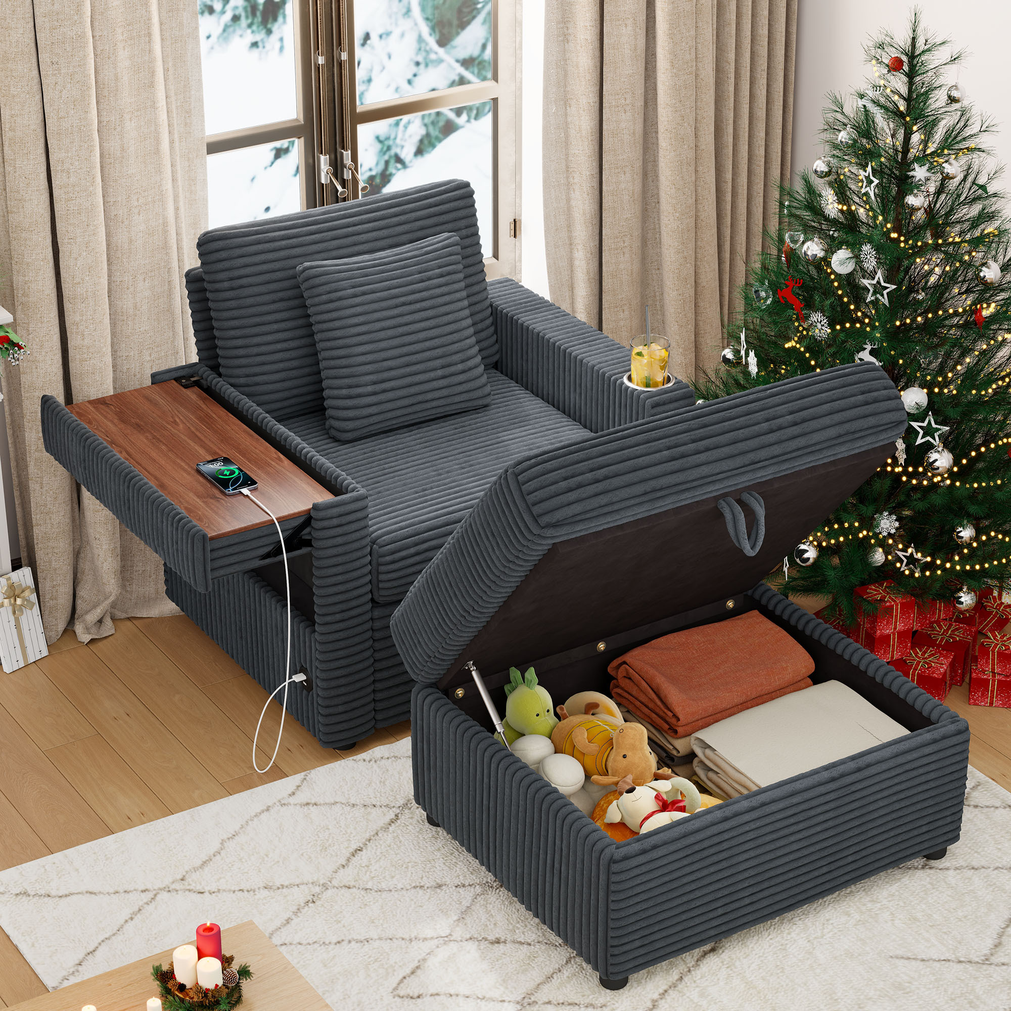 Lunale Accent Chair with Storage Ottoman, Indoor Lounge Chair with USB & Table Board, Cozy Corduroy Sofa Armchair for Living Room, Gray