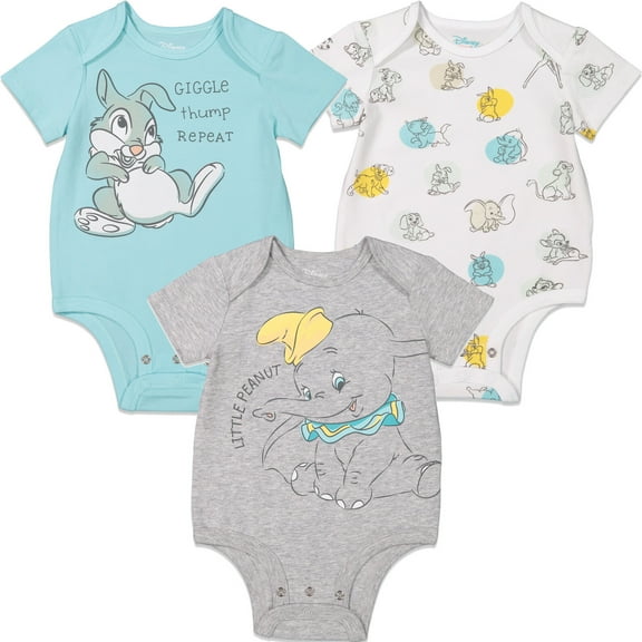 Disney Bambi Dumbo Thumper Newborn Baby Boys 3 Pack Bodysuits Newborn to Infant