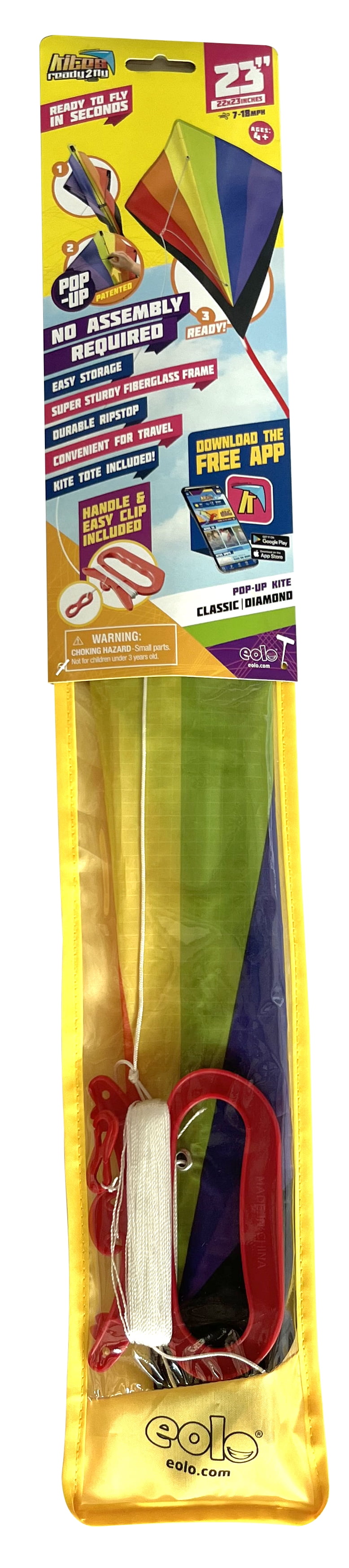EOLO KITES Ready2Fly Pop-Up 27" Diamond Kite, Rainbow. Reusable Tote included, Children Ages 4+