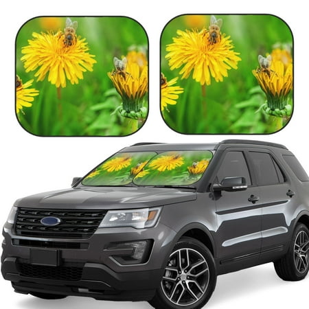 Hirioo Bees Pollinates A Yellow Dandelion for 2PCS Windshield Sun Shade Foldable | Front Windshield Shade for Sun Heat and UV Rays-Large
