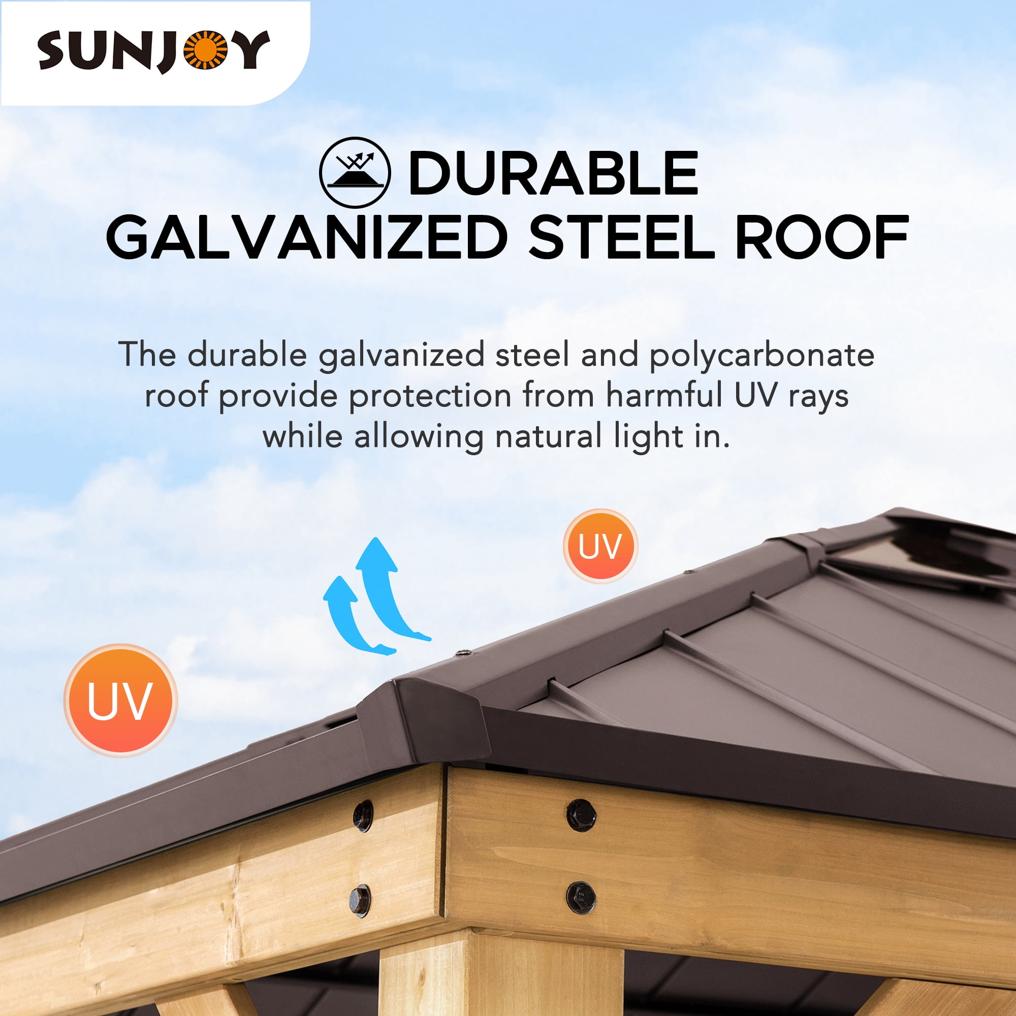 Sunjoy Aleah Outdoor Patio 11 ft. x 11 ft. Cedar Framed Gazebo with Brown Steel and Polycarbonate Hip Roof Hardtop