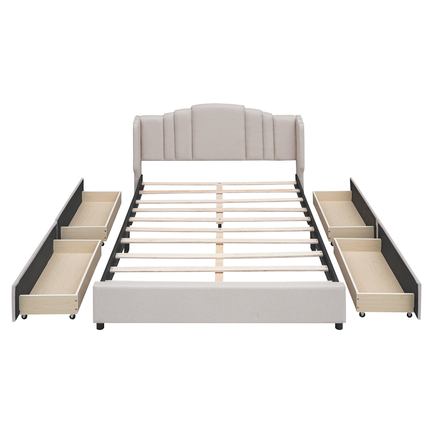 Kepooman Upholstered Platform Bed with Wingback Headboard and 4 Drawers, No Box Spring Needed, Linen Fabric, Queen Size, Beige Kepooman Upholstered Platform Bed with Wingback Headboard and 4 Drawers, No Box Spring Needed, Linen Fabric, Queen Size, Beige