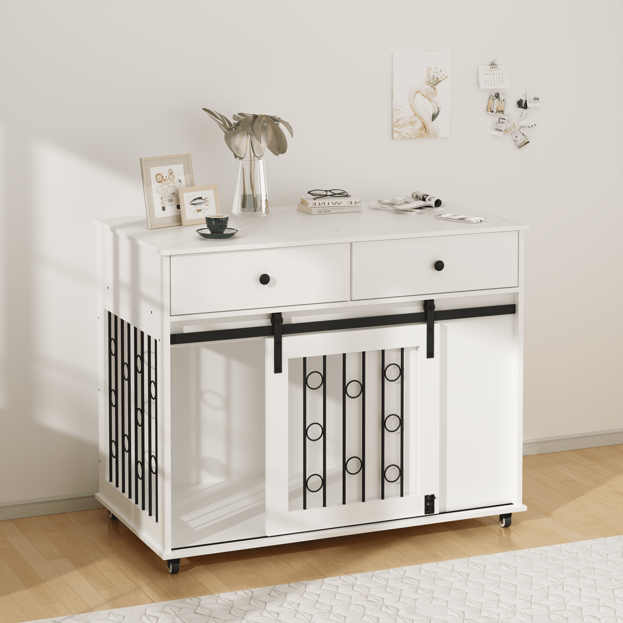 Modern Wooden Dog Crate Furniture, 39.37 Inch Decorative Pet Kennel End Table with Sliding Barn Door, Double Storage Drawers & Lockable Wheels, Stylish Dog Cage for Small Medium Dogs, White