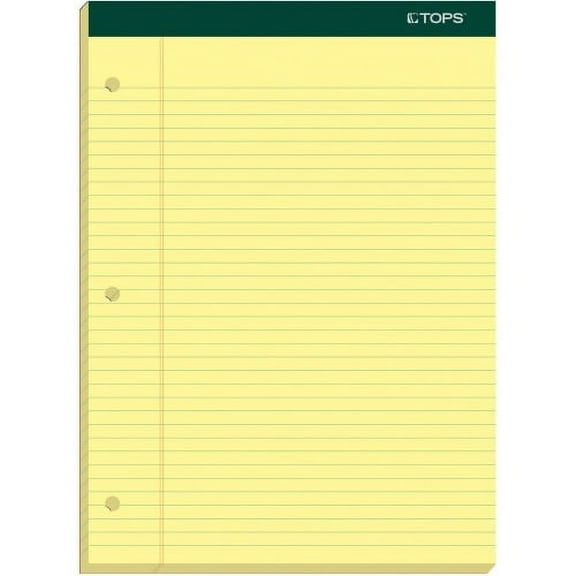 TOPS Double Docket Rigid Back Legal Pads 100 Sheets - Stapled/glu - Ruled - 16 lb Basis Weight - 8 1/2" x 11 3/4" - Canary Paper - Green Binder - Hard Cover, Perforated, Stiff-back, Back Board - 100