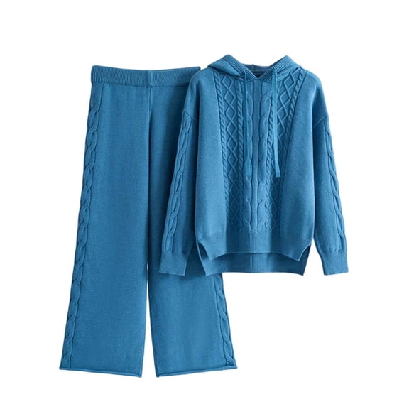 Maqroz Womens Two Piece Lounge Sets Cable Knit Pullover Hoodie Sweaters Wide Leg Pants Matching Outfit Casual Streetwear Winter Warm Outfits