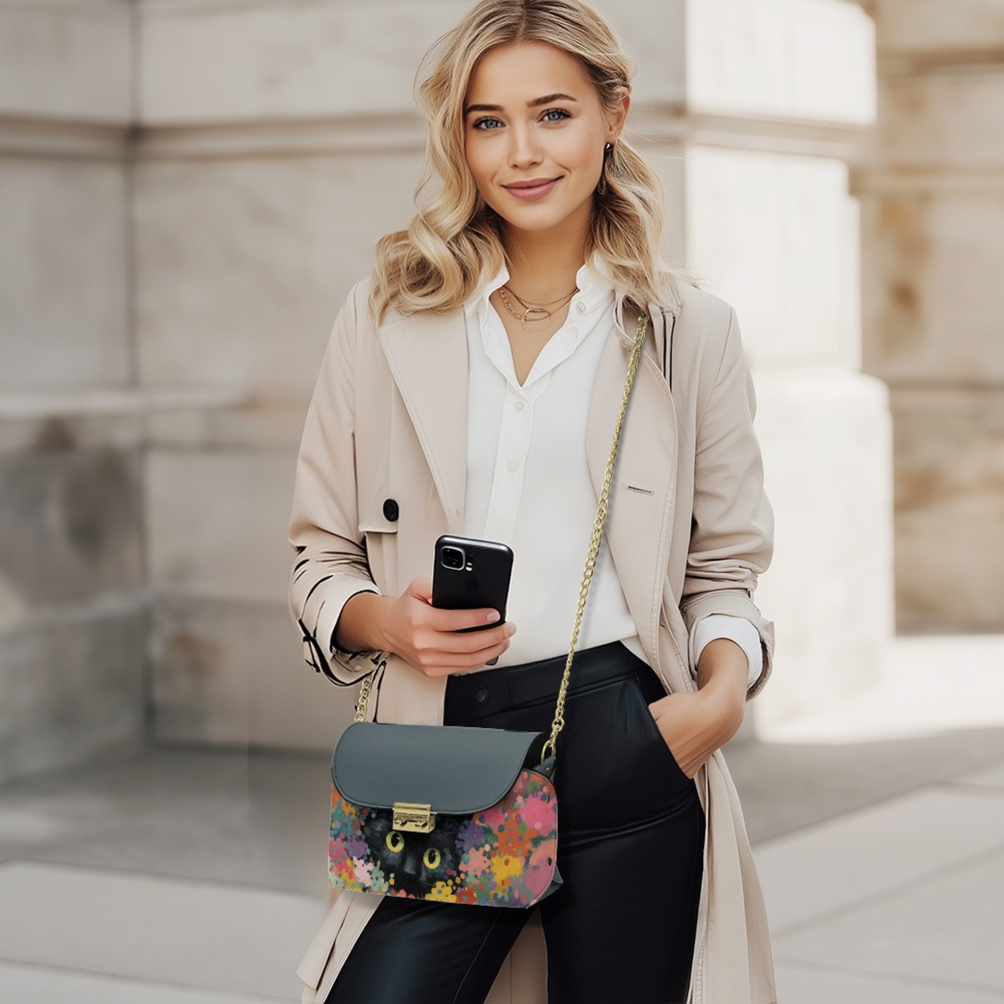 TSOVTHRID Black Cat Doodle Gray Print Crossbody Purse for Women, Small Crossbody Bags, Trendy Leather Cross Body Handbags, Shoulder Bag with Detachable Strap