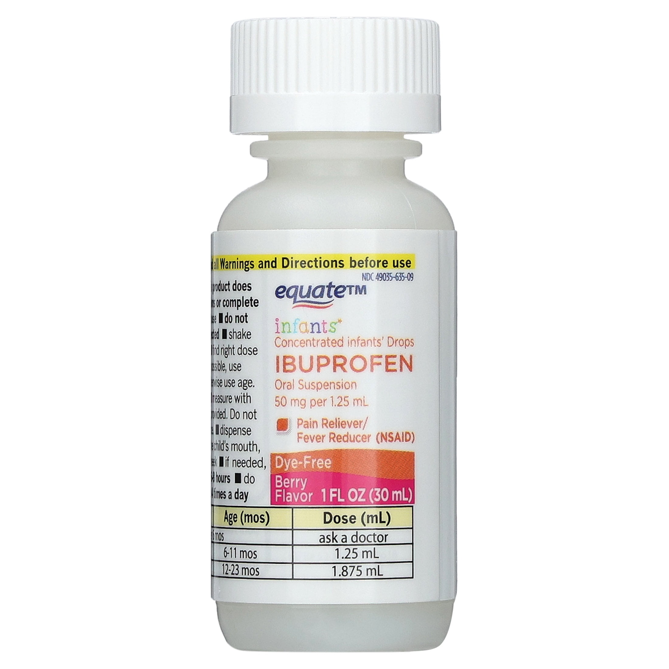 Equate Infants' Dye-Free Ibuprofen Oral Suspension Concentrated Drops, 50 mg, Berry Flavor, Ages 6 Mos to 23 Mos, 1 fl oz.