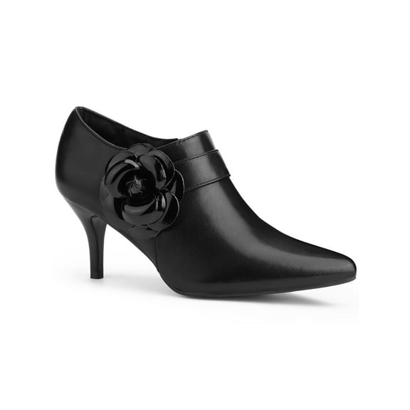 BLISSFUL STEP Women's Ankle Boots Flower Stiletto Heel Pointy Toe Zipper Faux Leather Dress Booties Black 7