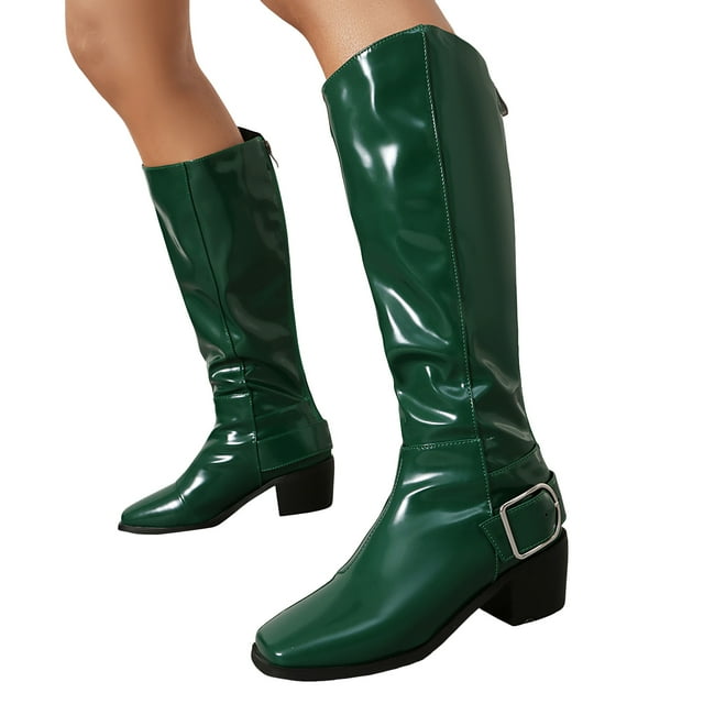 Dakaela Women's Knee High Boots Square Toe Buckle Motorcycle Riding Boots Comfortable Pull on Fall Winter Party Dress Shoes