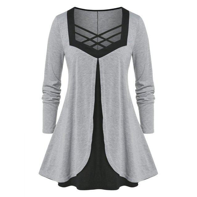 Camiseta de superposición de crisscross de tamaño grande Rosegal Mangas largas de talla grande