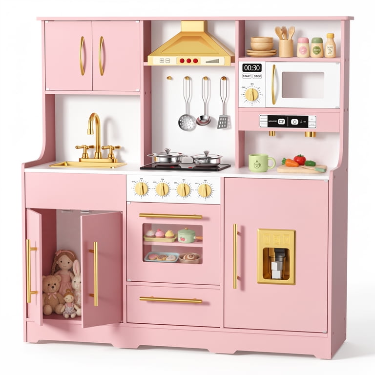 AILEEKISS Wood Kids Play Kitchen, Pink photo 1