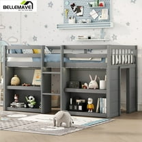 Bellemave Twin Size Wooden Loft Bed with Storage Shelves and LED Light Junior Loft Bed with Guardrails and Playroom Space-saving Low Loft Bed Frame, Gray