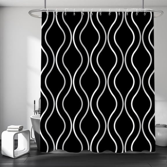 Black and White Shower Curtain, Modern Aesthetic Black Striped Shower Curtain Set for Bathroom Waterproof Polyester Shower Curtain with Hooks, 84"W x 72"L
