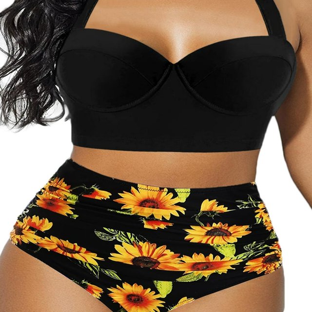 AMERTEER Women Push Up Bikini Set Flower Print High Waist Swimming Suits