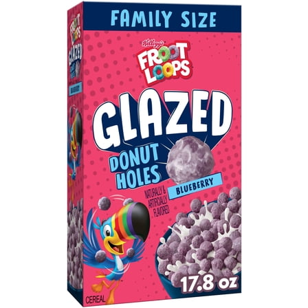 Kellogg's Froot Loops Glazed Donut Holes Breakfast Cereal, Kids Cereal, Family Breakfast, Family Size, Blueberry, 17.8 oz Box