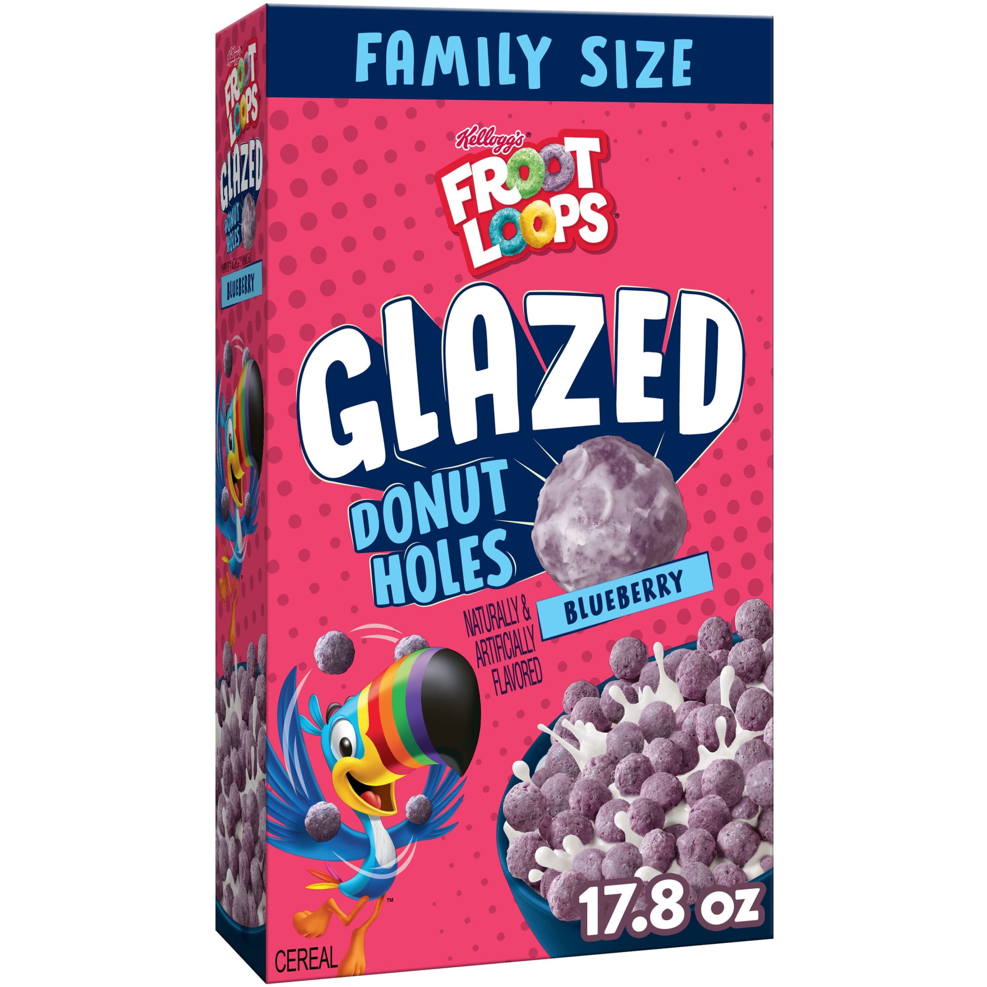Kellogg's Froot Loops Glazed Donut Holes Blueberry Breakfast Cereal, Kids Cereal, Family Size, 17.8 oz