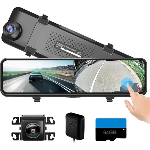 4K Mirror Cam, 11" Rear View Mirror Camera Front and Rear with WDR G-Sensor Parking Assistance, with Free 64GB Card, Backup Camera for RV by