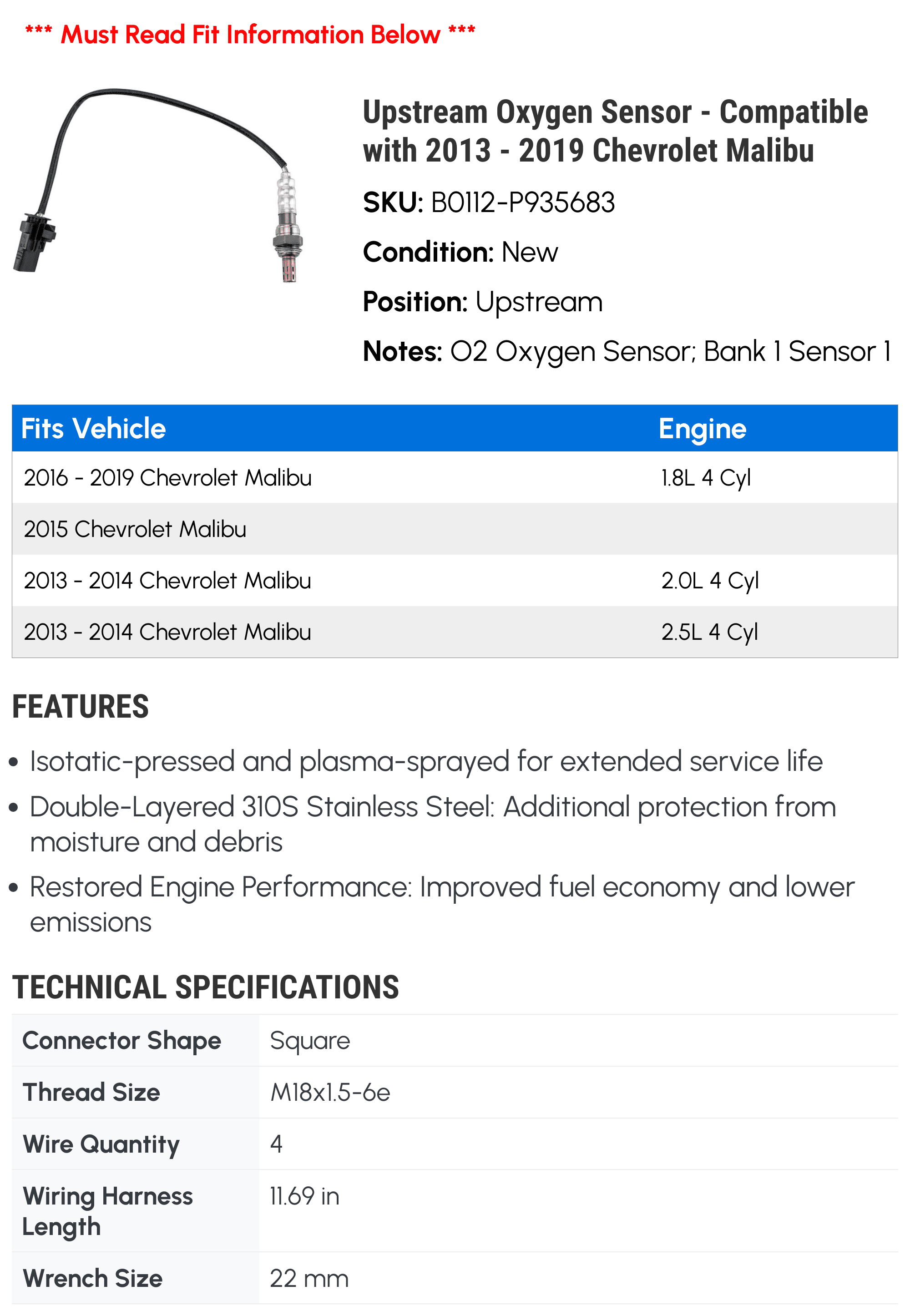 Upstream Oxygen Sensor - Compatible with 2013 - 2019 Chevy Malibu 2014 2015 2016 2017 2018