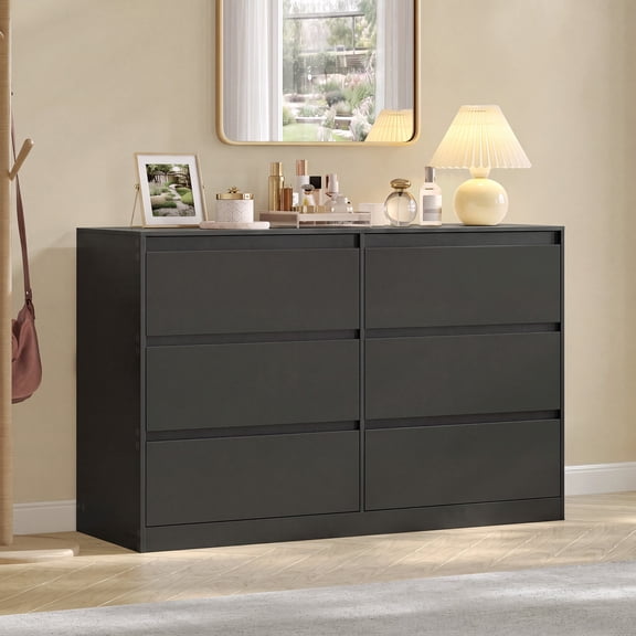 VASAGLE Modern 6-Drawer Dresser, 47 x 15.7 x 29.5 inches, Black Wood Grain