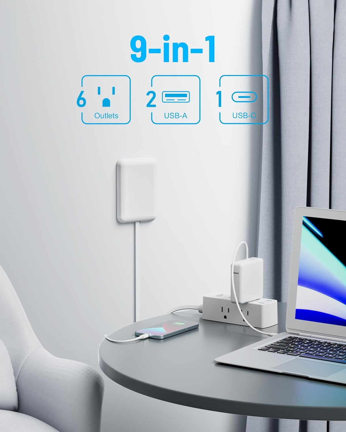 Flat Outlet Extender with Cover, Flat Plug Power Strip with 6 AC Outlets, 2000 Joules Surge Protector, 5FT Flat Extension Cord, Home Office Travel Dorm Room Essentials