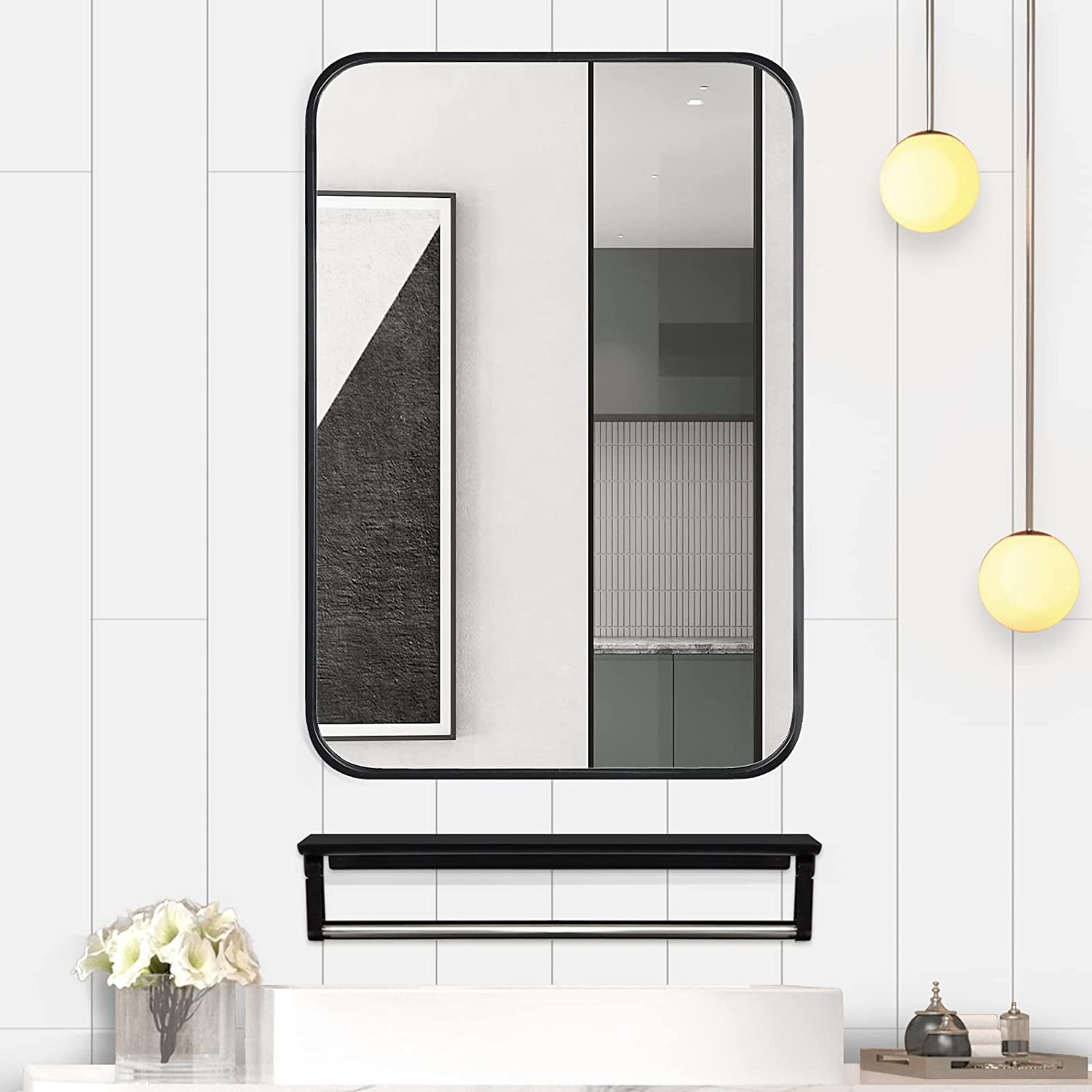 Bathroom Black Metal Framed Mirror with Separate Shelf 16" x 24