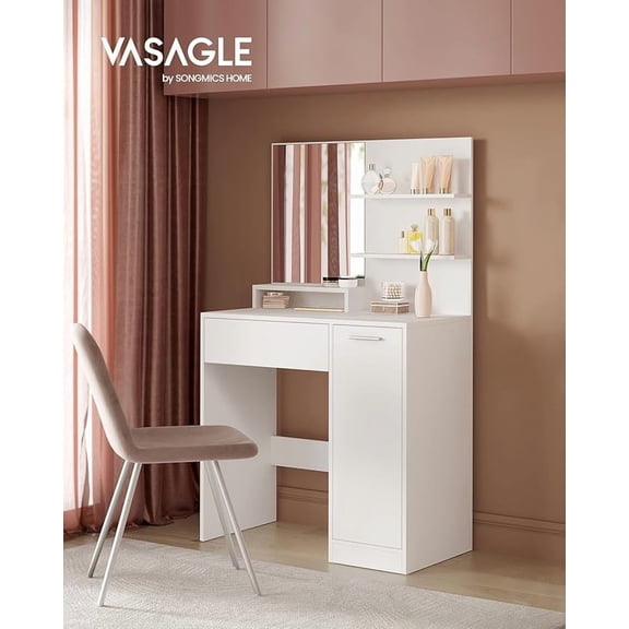 SONGMICS HOME Tocador, Mesa de Maquillaje con Espejo Grande, Gabinete con 2 Estantes Ajustables, 2 Estantes Abiertos, 1 Cajón, Blanco RDT119W01
