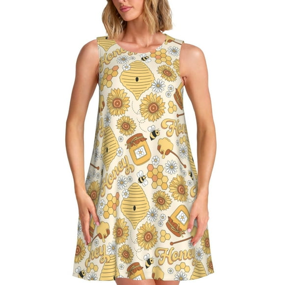 Bixox Honey Honeycomb Print Women's Sleeveless A-Line Dress with Pockets, Casual Knee-Length Tank Dress for Summer-Small