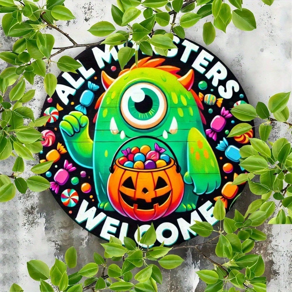 8x8 Inch Round Halloween Metal Sign, 2D Flat Tin Wall Art, Monster Printed Rustic Vintage Decor For Home Bar Party