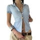 thumbnail image 3 of Blusa de Corta Y2K para Mujer, con Botones y Rayas, Cuello en V, Estilo Vintage, Ajustada, para Salir Azul L, 3 of 10