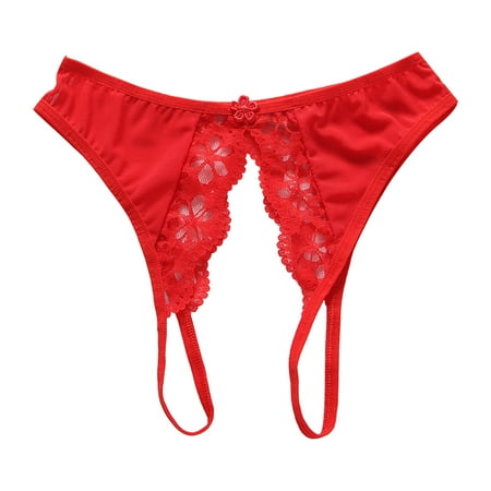 QYZEU Bikini Underwear for Women Women s Briefs Solid Color Plus Size Womens Sexy Thong Transparent Mesh Front Open Lace Edge Low Waist Panties Outfits Red One Size