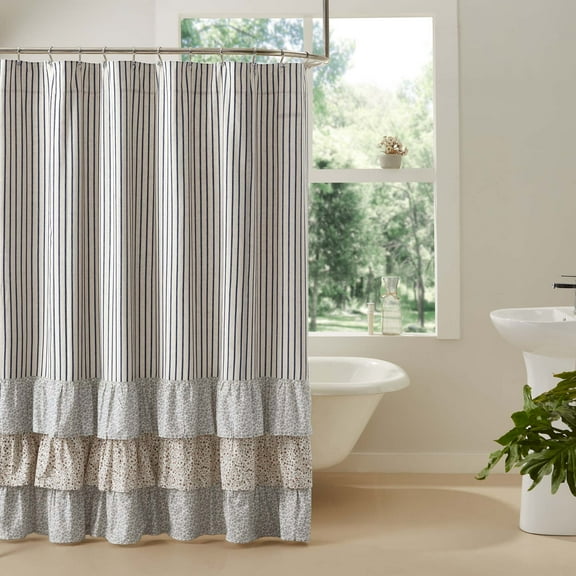VHC Brands Kaila Country Cottage Farmhouse Blue Ticking Stripe Ruffled Shower Curtain 72x72
