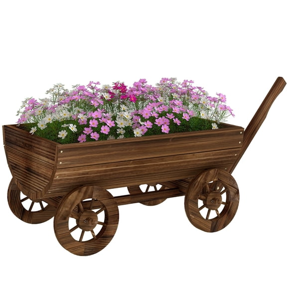 JWRWEFA Wooden Wagon Planter Box, Mobile Garden Planter with 4 Wheels, Rustic Farmhouse Flower Cart, Large Herb and Vegetable Raised Garden Bed