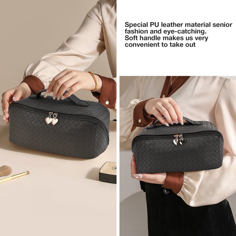 fashion handbag-style travel toiletry cosmetic bag with compartments Prite Makeup Bag Open Flat Organizer for Women This PU leather woven outer travel makeup bag is waterproof Women s Travel Toiletry Bags