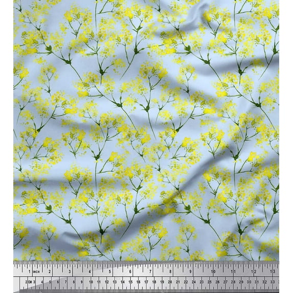 Soimoi Blue Heavy Canvas Fabric Yellow Mustard Leaves Printed Fabric 1 Yard 58 Inch Wide